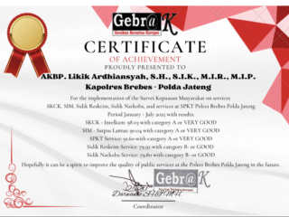 Kapolres Brebes Menerima Piagam Penghargaan Survei Kepuasan Masyarakat dari Gebrak